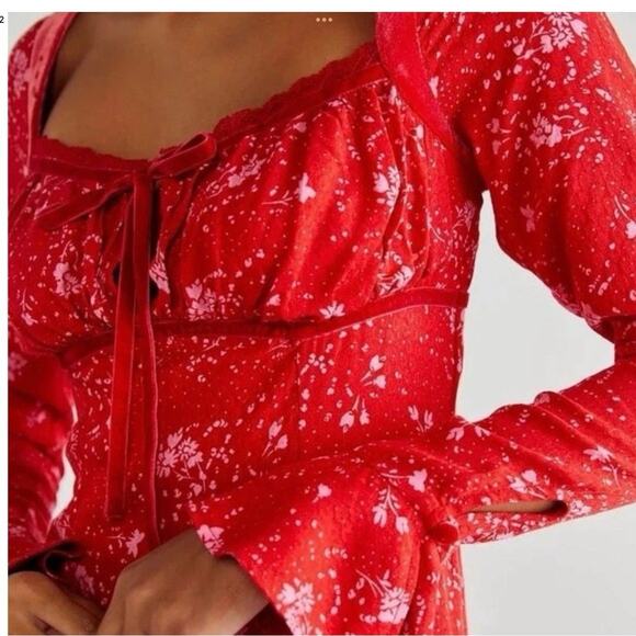 Free People Tess Mini Dress - Small, Red, Boho Milkmaid Holiday Castlecore NWT - Picture 2 of 12